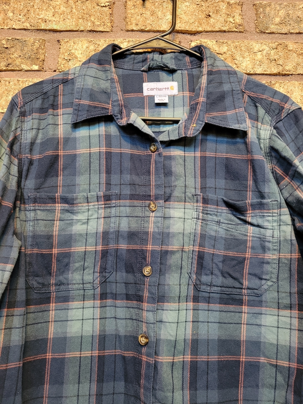 Carhartt Women's Plaid Button-Down Shirt Blue & Green Size Large Cotton Stretch - Picture 4 of 8